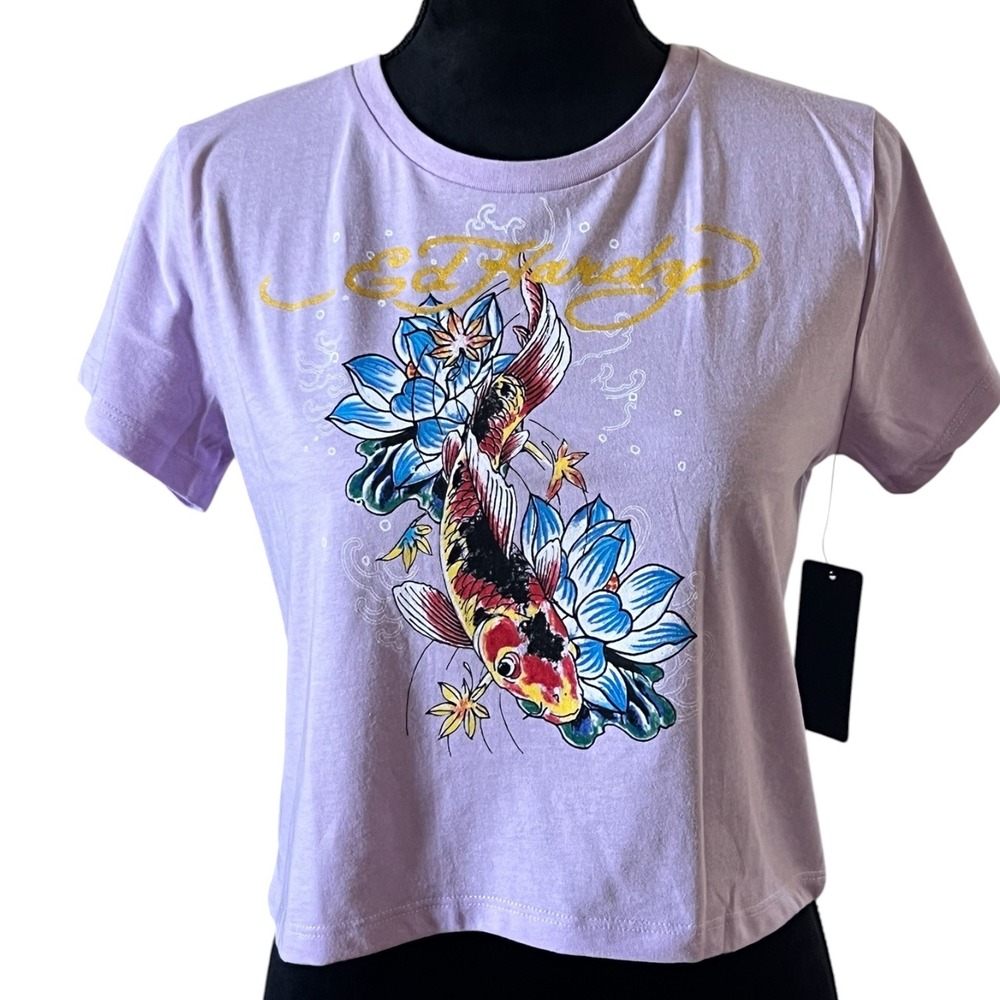 Ed Hardy Lavender Koi Fish Lotus Graphic Crop T-Shirt XL Purple Gold Shimmer Y2K